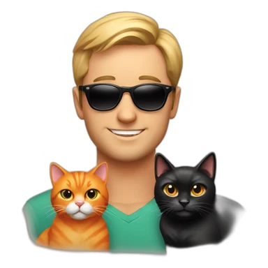 polish man in sunglasses holding one orange cat and one black cat sticker