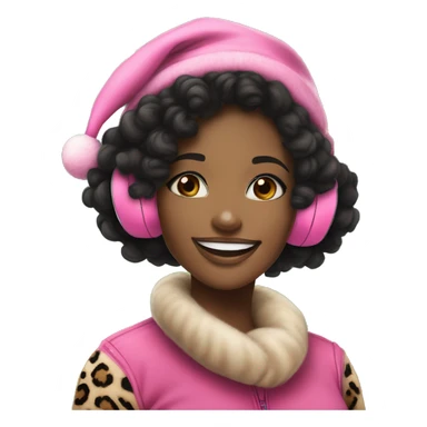 black girl christmas vibe, young adult girl with curll black hair wearing a pink hat & leopard print ear muffs. she has a smile on her face with a natural makeup beat on. she is smiling warmly but not too much. she is giving bad bitch sticker
