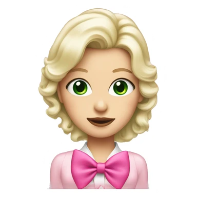 platinum blonde lady with green eyes drinking pink Stanley wearing a pink bow sticker