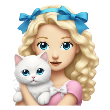 blonde girl with blue eyes and long eyelashes holding a fluffy white cat with a pink bow on its head sticker