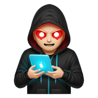 Black-hooded neon hacker emoji, red and cyan glow only, slamming glowing text “FTHESCAMMERS” with impact flash, aggressive anti-scam vibe, smooth 2-second loop, transparent background, Discord sticker style, no new colors. sticker