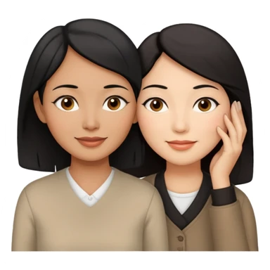 Middle aged brown woman with black hair, beside a middle aged asian woman with dark brown hair touching their cheek sticker