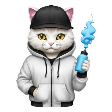 cat wearing a black snapback cap and black hoodie doing graffiti art with spray paint, street art style sticker