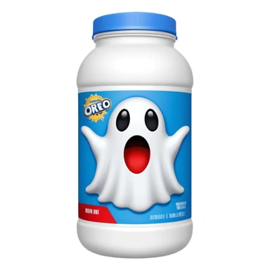 “Front-facing Ghost whey protein powder bottle, tall white plastic tub with wide shoulders and bold red lid. Blue and black Oreo-inspired label with the white GHOST logo and small ghost mascot. Clean studio lighting, soft shadow, realistic emoji-style product, centered on white background.” sticker
