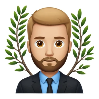 serious emoji-style man with close-cropped haircut and beard, dressed in black blazer and white shirt, blue background with white branch graphic sticker