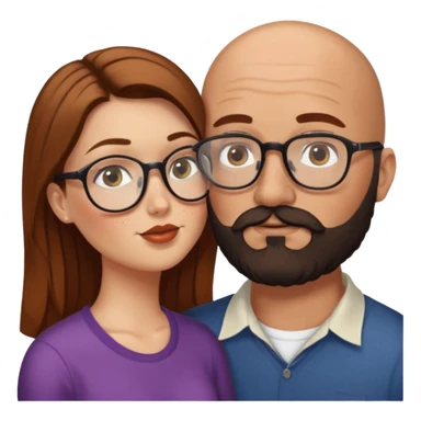 Couple. Bald man with dark brown-black beard. White woman with many small, faded freckles, she has white skin and she has auburn-brown-cinnamon, dark long hair. She has light brown eyes. The man have hazel eyes and glasses. She have light eyes. Retro style. She kisses him. sticker
