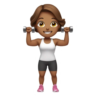 Gym girl lifting weights, pink skin, long and brown hair, eyes closed, smiling sticker