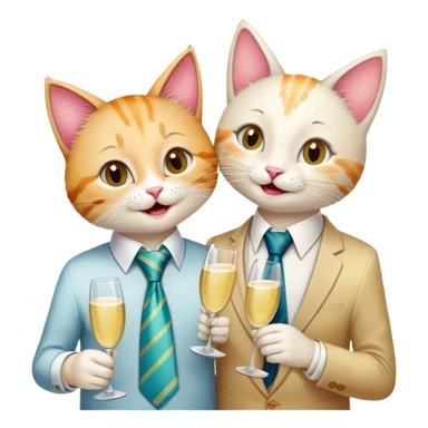 happy girl cat with eyelashes wearing a colorful necktie and happy boy cat wearing a professional necktie clinking champagne glasses together in celebration, both with cheerful expressions sticker
