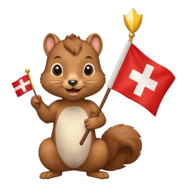 squirrel celebrating with a Swiss flag and confetti, emoji style sticker