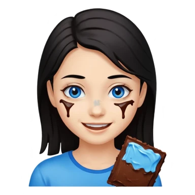 Girl with black hair and blue eyes with smeared chocolate on face sticker