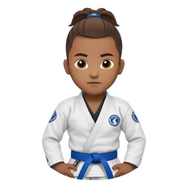 black jiu jitsu instructor with ponytail and a low taper fade sides haircut, and a small fade on the sides with a blue belt and roger Gracie academy logo on the gi sticker