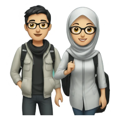 young white man with black hair and glasses and woman with hijab, both with backpack for holiday trip, full body sticker