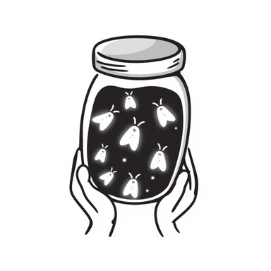 hand drawn doodle of a jar with fireflies, playful and simple sticker