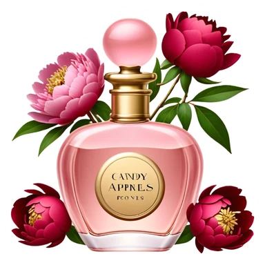 A Champagne Pink perfume bottle with delicate gold accents sits beside lush Candy Apple Red peonies. The rich contrast of soft pastels and deep reds creates a luxurious, romantic feel." sticker