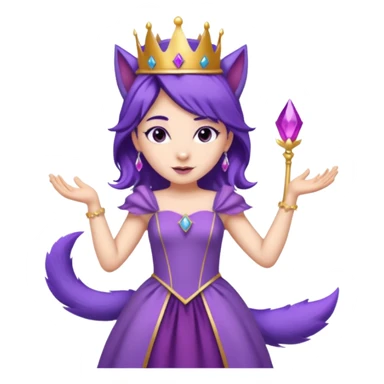 A princess wearing a purple dress and crown with purple hair and purple wolf ears and purple wolf tail character. doing different actions against a white background And make a gap between each illusion sticker