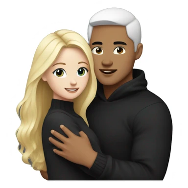 Blonde girl with blue eyes in black sweater and asian man with black hair and black eyes hugging sticker