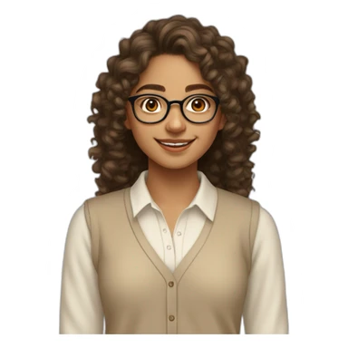 smiling indian teenage girl with curly hair and glasses wearing a collared long sleeve white shirt under a beige v shaped collar sweatervest with no buttons sticker