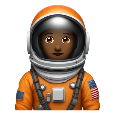 Astronaut wearing orange suit, and black helmet with no visible face, tinted black visor sticker
