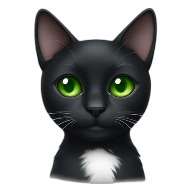 A black cat with green eyes with a white mustache, with a thin white stripe on the nose on the right side, with a full-length white breast and white paws sticker