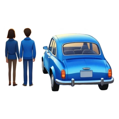 A parked blue car sits quietly on the side of an open road, facing a breathtaking sunset. Two people stand outside, backs turned, watching the horizon. The road stretches endlessly ahead, surrounded by a peaceful, glowing landscape full of light, warmth, and possibilit sticker