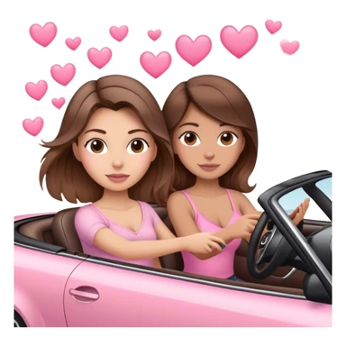 A mom brown Hair with balayage and one daughter brown hair,  driving in pink convertible with hearts  sticker