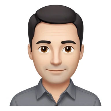 Professional-looking man in his 40s with wide square face, defined jawline, full cheeks, warm smile, medium brown eyes, prominent natural eyebrows, straight wide nose, slightly upturned lips, short fade haircut with dark almost black hair, wearing a gray button-up shirt sticker