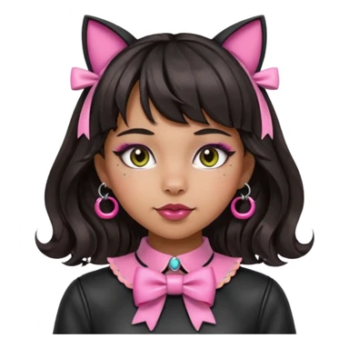 Change her clothes to reflect she is in the BDSM scene, such as wearing a black harness or leather top. Keep the pink bow on the collar, silver O-ring, bangs, bold makeup, medium Hispanic skin, long dark wavy hair, and cat ears. Maintain the apple emoji style with a transparent background. sticker