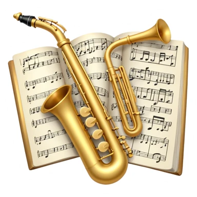 Create an elegant and artistic emoji that represents music arrangement and orchestration. The design should feature a conductor's baton, musical scores, and various orchestral instruments (drums, violin, trumpet, electric guitar, synthesizer). Incorporate flowing lines to represent harmony and orchestral balance, along with a subtle representation of sheet music. Use rich, classical colors like gold, silver, or deep blue, and create an atmosphere of sophistication and precision. The background should be transparent. sticker