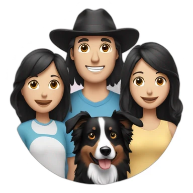 Family formed by a White man on hat and a White woman with long black hair and one small black border collie dog sticker