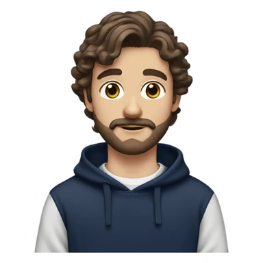 White boy with dark brown medium length wavy hair and a beard and mustache and the prettiest hazel eyes in a navy sweatshirt sticker