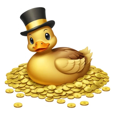 Duck character in top hat swimming in pile of gold coins and money bags sticker