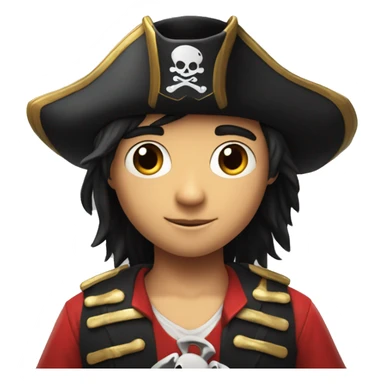 A boy, 12 years old, black hair, shiny eyes, a red pirate costume, a pirate hat with an image of crossbones and a skull, stands reading a red book sticker