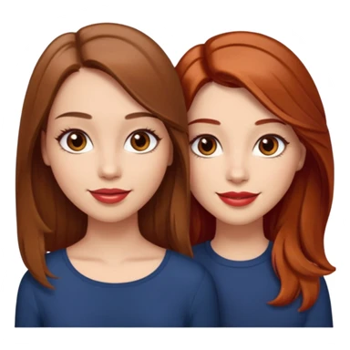 I want you to create me an emoji of two girls: one with light skin, shoulder length hair (straight and brown), brown eyes with very long eyelashes and full lips; the other girl must also have light skin, shoulder length hair (wavy and red), brown eyes and a nice smile with glossy lips sticker