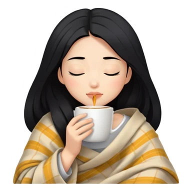 Asian girl inside a blanket sipping coffee eyes closed black hair sticker
