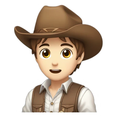 Young male cowboy with brown hair and brown eyes, wearing a white shirt with a blue vest and a brown cowboy hat, anime chibi style, surprised, mouth open sticker