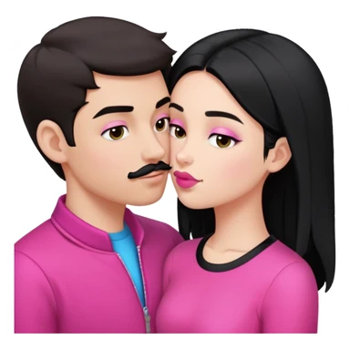 Brunette boy with short hair and black mustache wearing black clothes, kissing white girl with long black hair wearing pink clothes sticker