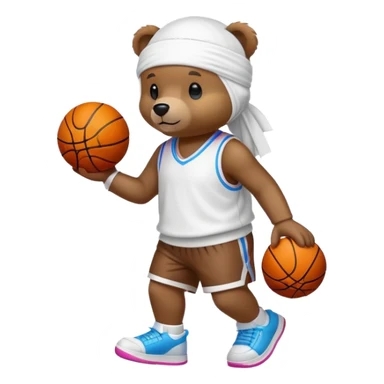 Full-body standing brown bear wearing a white durag on its head and cool colorful basketball sneakers on its feet, cute emoji style sticker