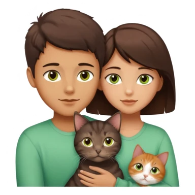 Crea un emoji donde salga un chico moreno con los ojos claros, una chica morena con los ojos marrones y un gato europeo comun de pelaje oscuro y ojos verde claro, quiero que se esten abrazando y el gato este en el medio de los dos sticker