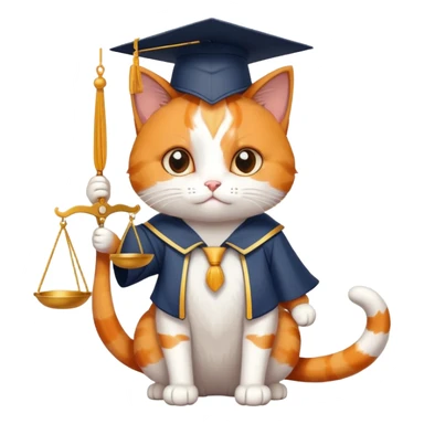 cat wearing a graduation cap, holding the scales of justice up with its tail sticker