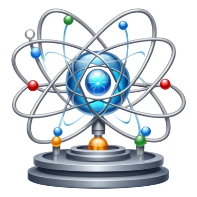 An icon featuring a large particle collider, atom symbols, and energy waves, symbolizing the field of physics. The design includes a lab setup with scientific equipment, representing experiments and fundamental forces of nature. Transparent background highlights the exploration of matter and energy. sticker
