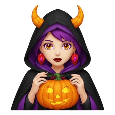 female-succubus-emoji,-red-skin,-purple-eyes,-elegant-face,-pumpkin-wreath-on-head,-black-hooded-cloak-with-cobweb-details,-holding-small-glowing-pumpkin-lantern,-halloween-fantasy sticker