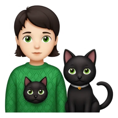 kid with brown eyes, flat brown hair, vintage sweater, with black wavy-haired black dog and black straight-haired cat with green eyes in Apple emoji style sticker