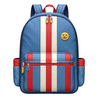  blue denim backpack with red, white, and navy stripes, similar to a Tommy Jeans design. Minimalistic, cartoon-like, front-facing."
 sticker