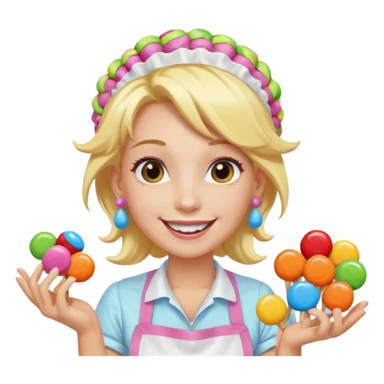 candy shop vendor, looking like candy with candy earrings and candy hair with big smile and blond hair sticker