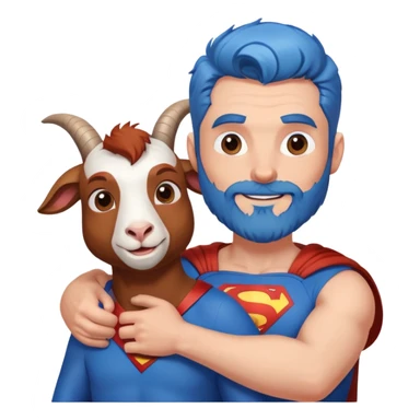 Adult Superman with redish brownish full beard with his arm around a blue hair happy goat sticker