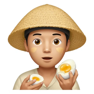 Asian guy with a rice hat eating an egg sticker