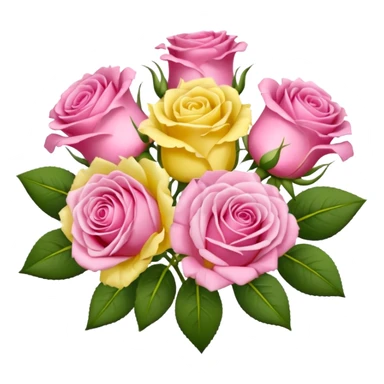 A mixed bouquet of four flowers, featuring pink roses and yellow lisianthus. sticker