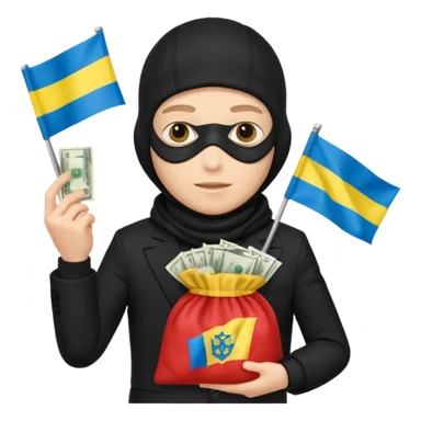 create an incredibly realistic white thief in a black suit and balaclava with a bag of money and a Ukrainian flag on it sticker