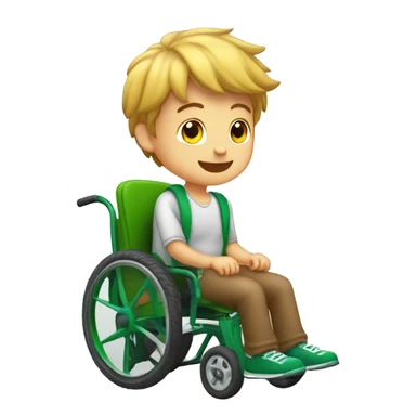 niño en silla de ruedas, delgado, con pelo rubio, sacando la lengua, con los ojos grandes y verdes, cara muy delgada y alargada sticker