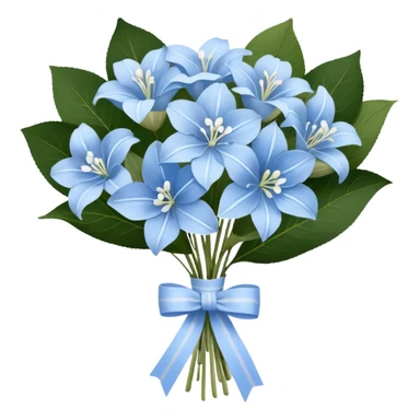 A wooden table adorned with a small bouquet of baby blue hydrangeas and creamy white lilies, wrapped in a softly frayed linen ribbon. A single blue butterfly, dusted with a hint of silver, rests lightly on the bouquet, as if drawn to its delicate fragrance. sticker